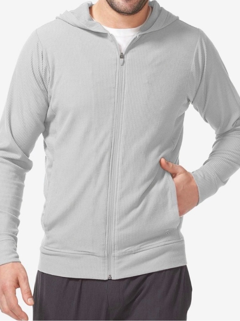 Tommy John Men’s Ribbed Lounge Full-Zip Hoodie Mirage Gray Large Loungewear